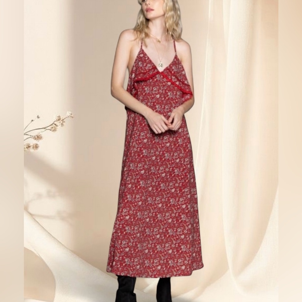 POL Red Ditzy Floral Midi Dress | Ruffle Lace Details